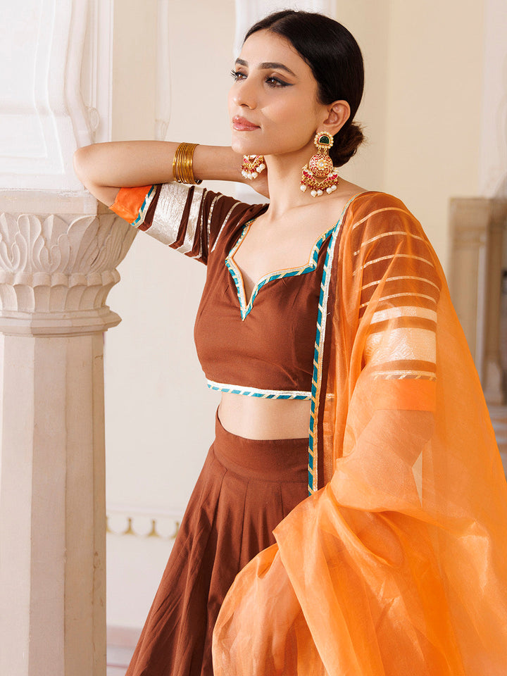 Brunette Brown and Orange Cotton Lehenga Set BY RAGAVI