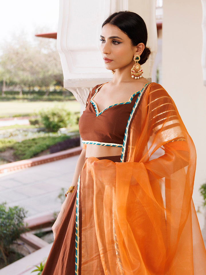 Brunette Brown and Orange Cotton Lehenga Set BY RAGAVI