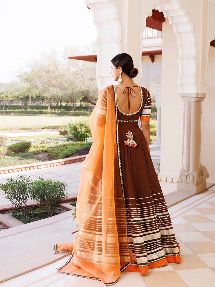 Brunette Brown and Orange Cotton Lehenga Set BY RAGAVI