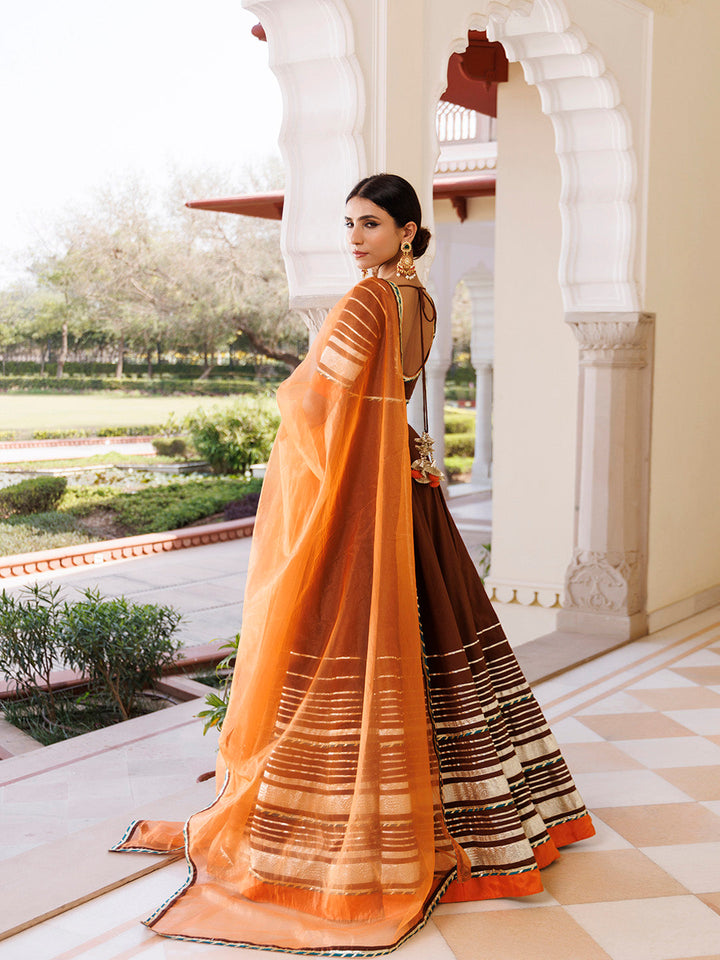 Brunette Brown and Orange Cotton Lehenga Set BY RAGAVI