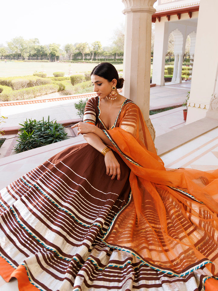 Brunette Brown and Orange Cotton Lehenga Set BY RAGAVI