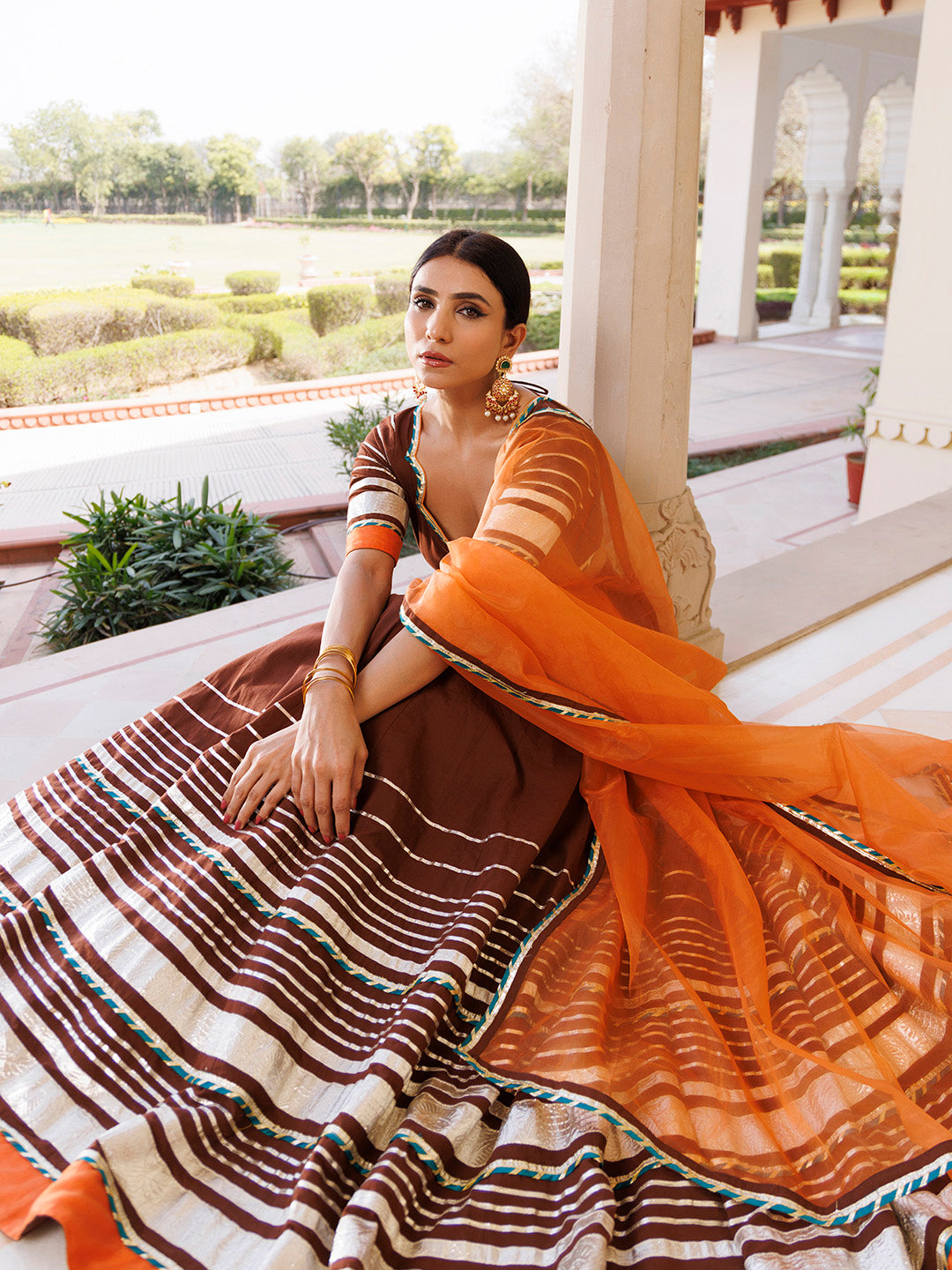 Brunette Brown and Orange Cotton Lehenga Set BY RAGAVI