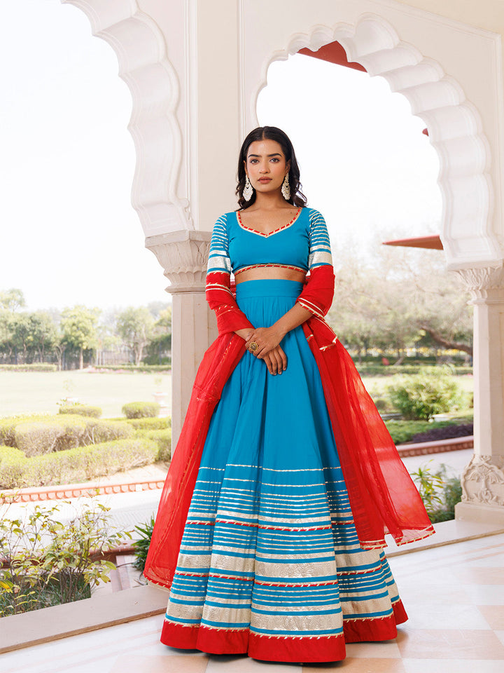 Palace Blue and Red Cotton Lehenga Set BY RAGAVI