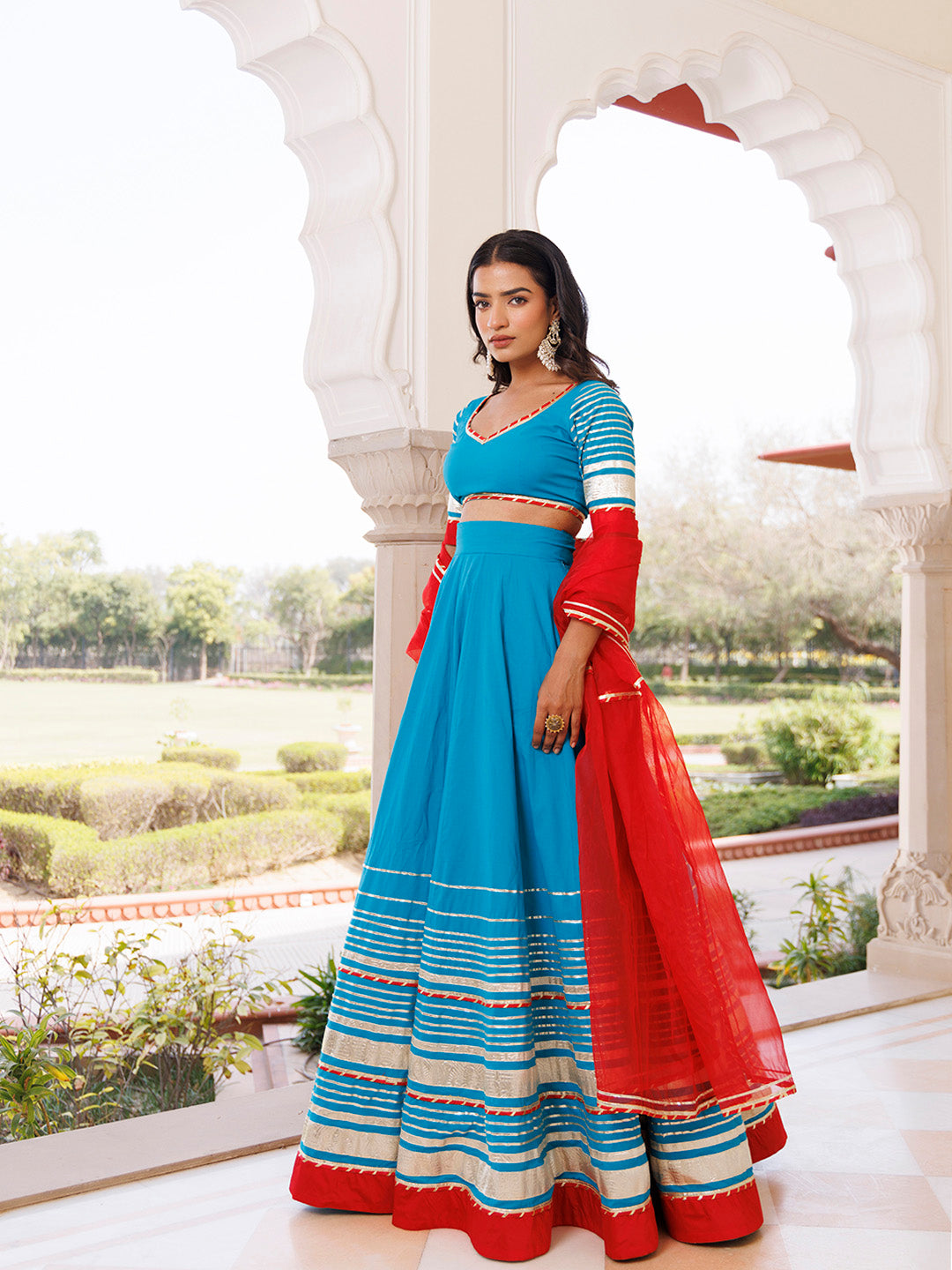 Palace Blue and Red Cotton Lehenga Set BY RAGAVI