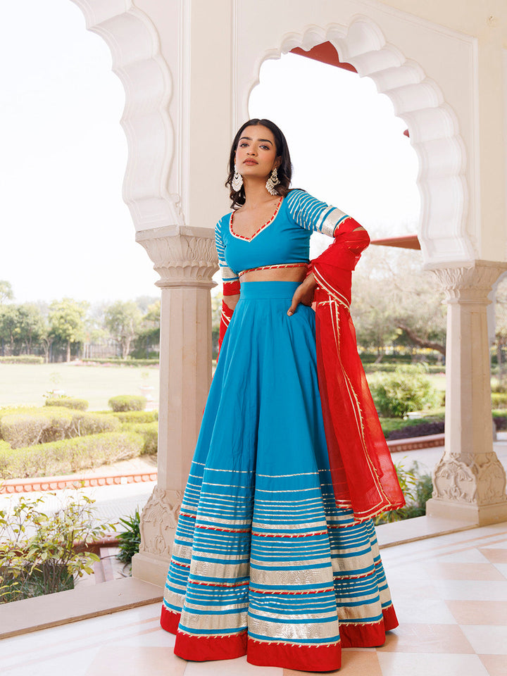 Palace Blue and Red Cotton Lehenga Set BY RAGAVI