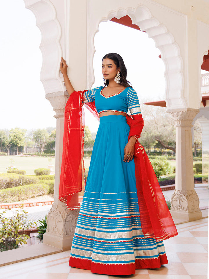 Palace Blue and Red Cotton Lehenga Set BY RAGAVI