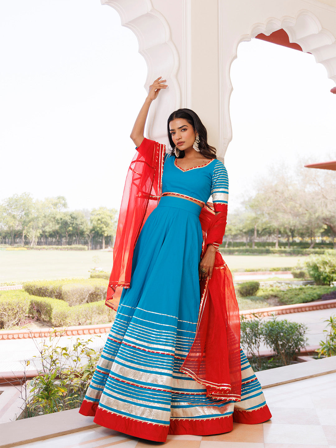 Palace Blue and Red Cotton Lehenga Set BY RAGAVI