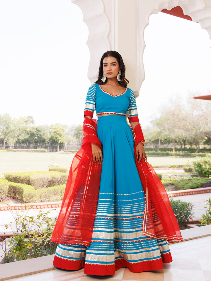 Palace Blue and Red Cotton Lehenga Set BY RAGAVI