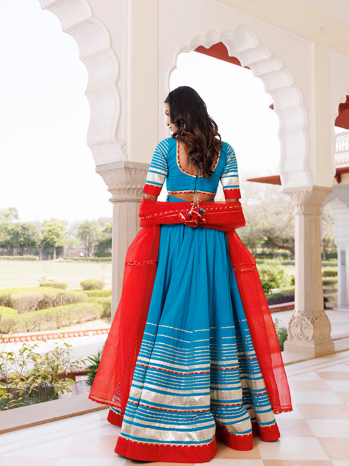 Palace Blue and Red Cotton Lehenga Set BY RAGAVI