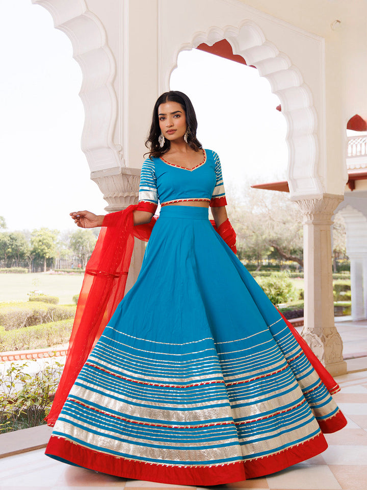 Palace Blue and Red Cotton Lehenga Set BY RAGAVI