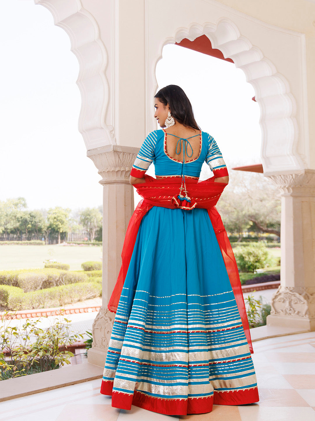 Palace Blue and Red Cotton Lehenga Set BY RAGAVI