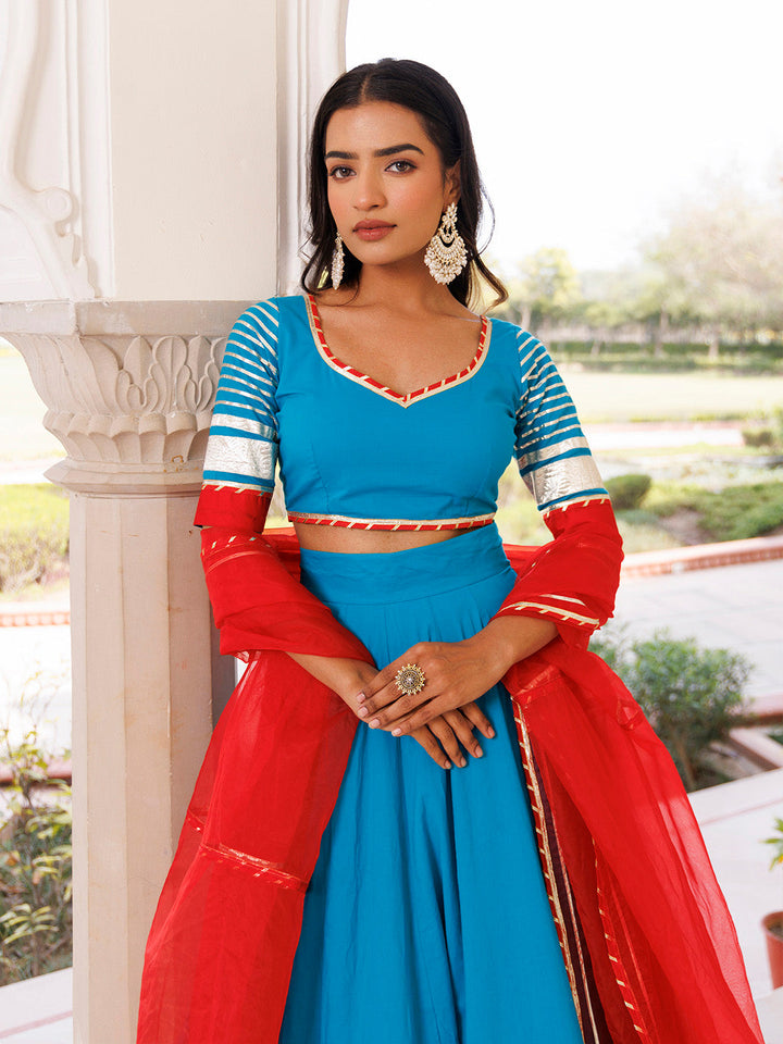 Palace Blue and Red Cotton Lehenga Set BY RAGAVI