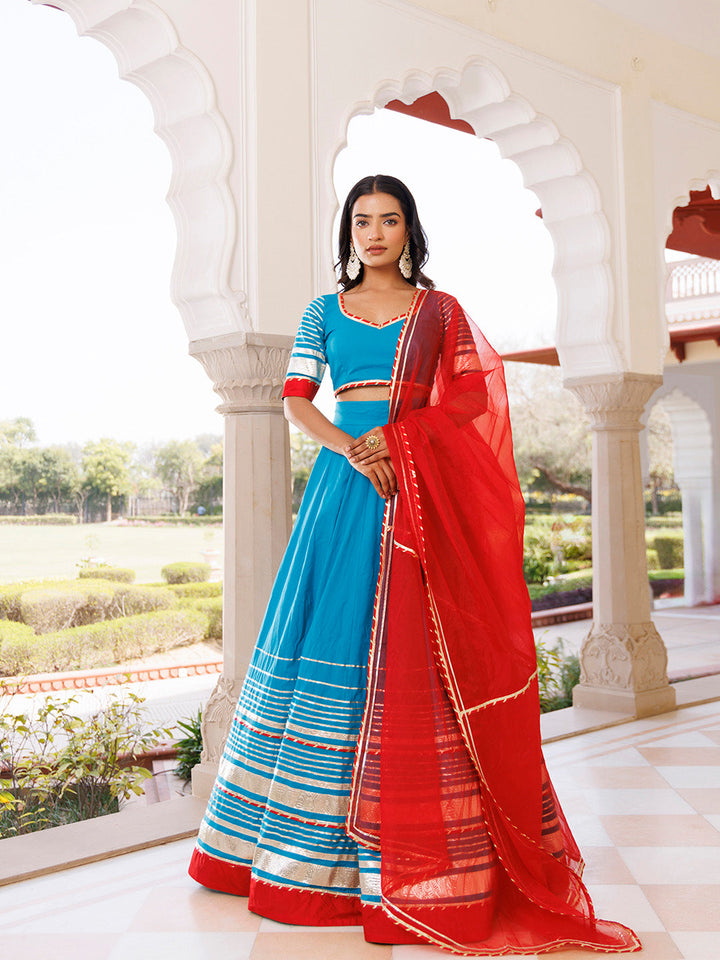 Palace Blue and Red Cotton Lehenga Set BY RAGAVI