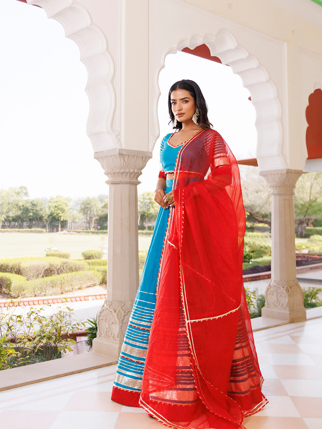 Palace Blue and Red Cotton Lehenga Set BY RAGAVI