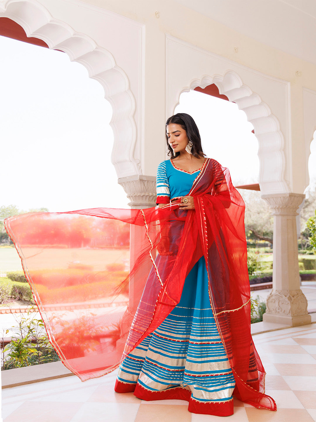 Palace Blue and Red Cotton Lehenga Set BY RAGAVI