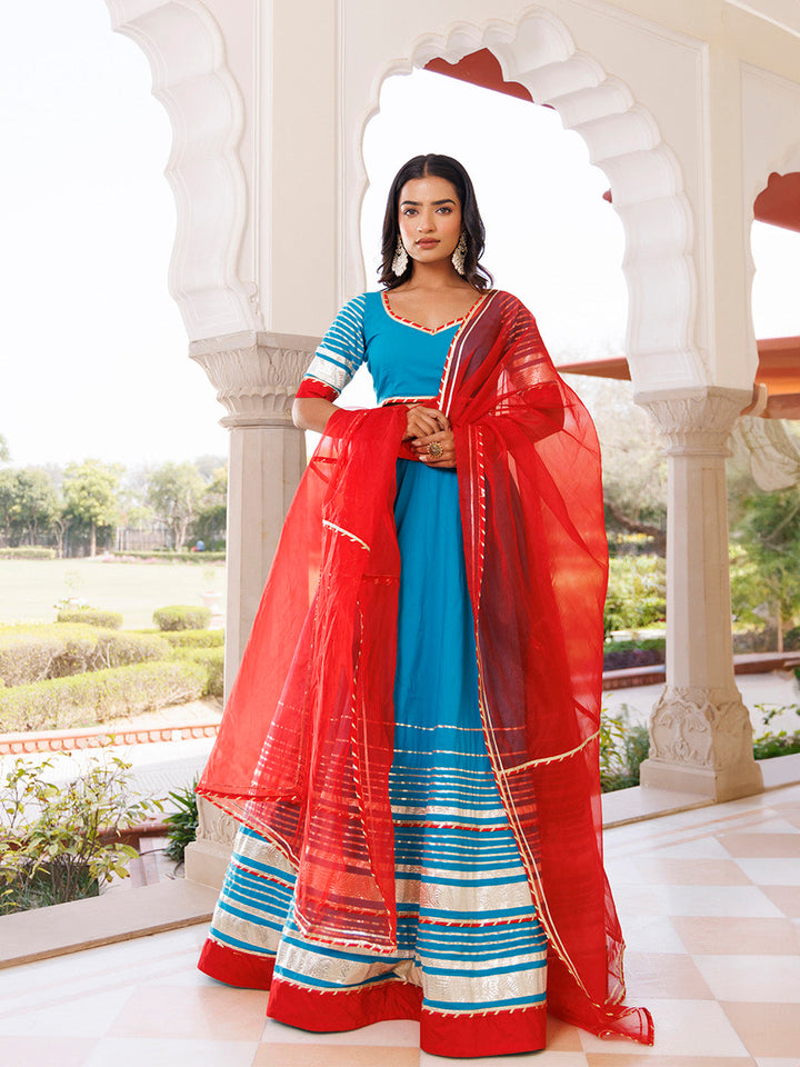 Palace Blue and Red Cotton Lehenga Set BY RAGAVI