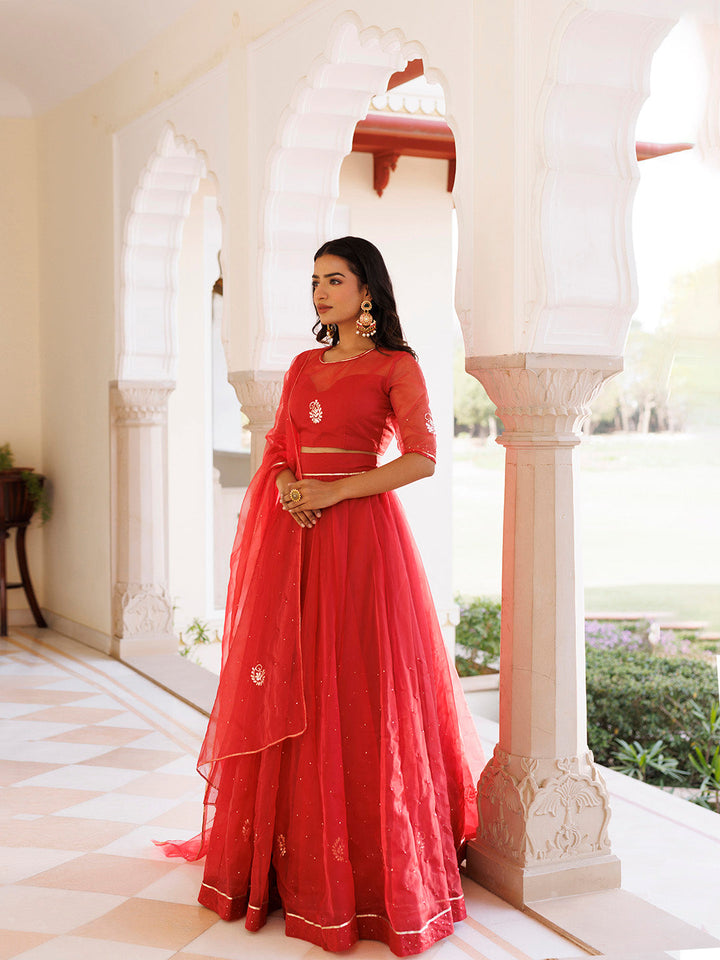 Savvy Red Mukaish Work Lehenga Set BY RAGAVI