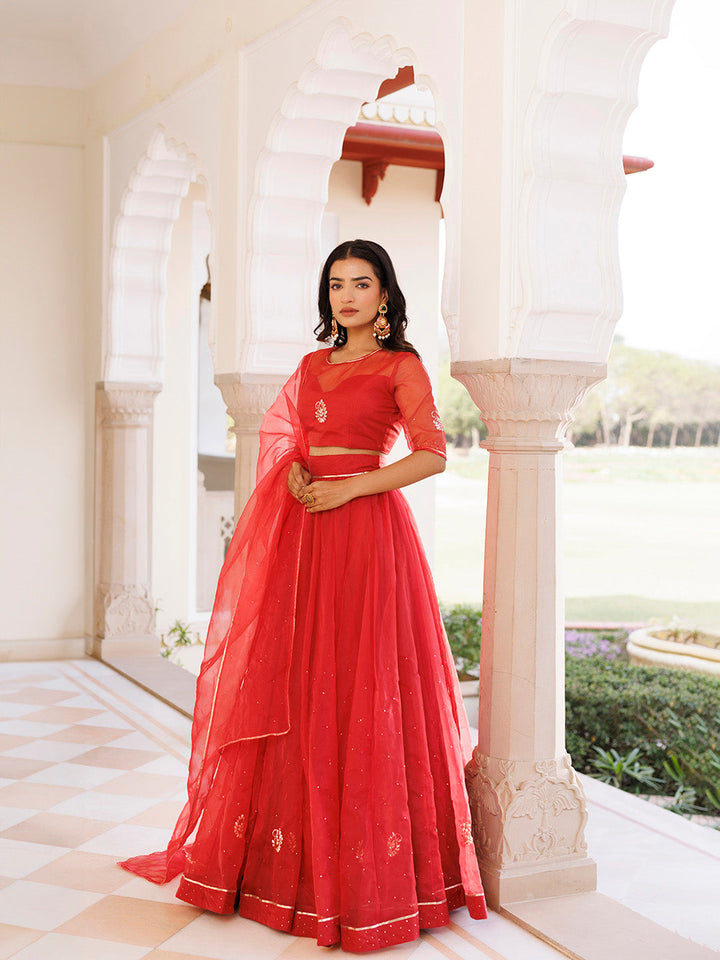 Savvy Red Mukaish Work Lehenga Set BY RAGAVI