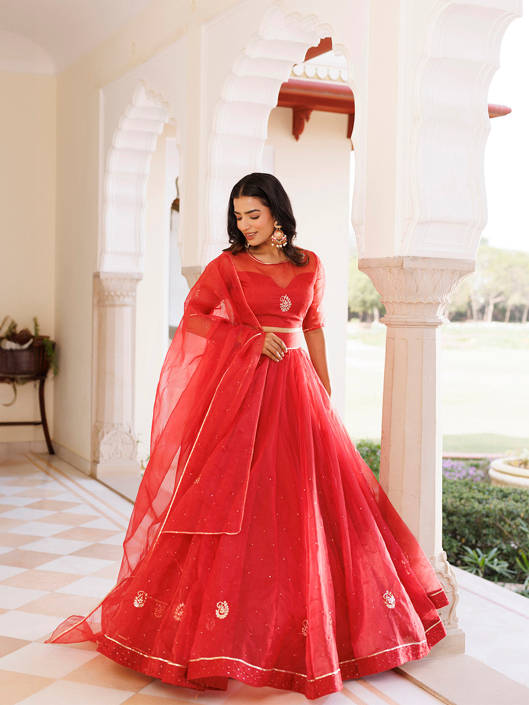 Savvy Red Mukaish Work Lehenga Set BY RAGAVI