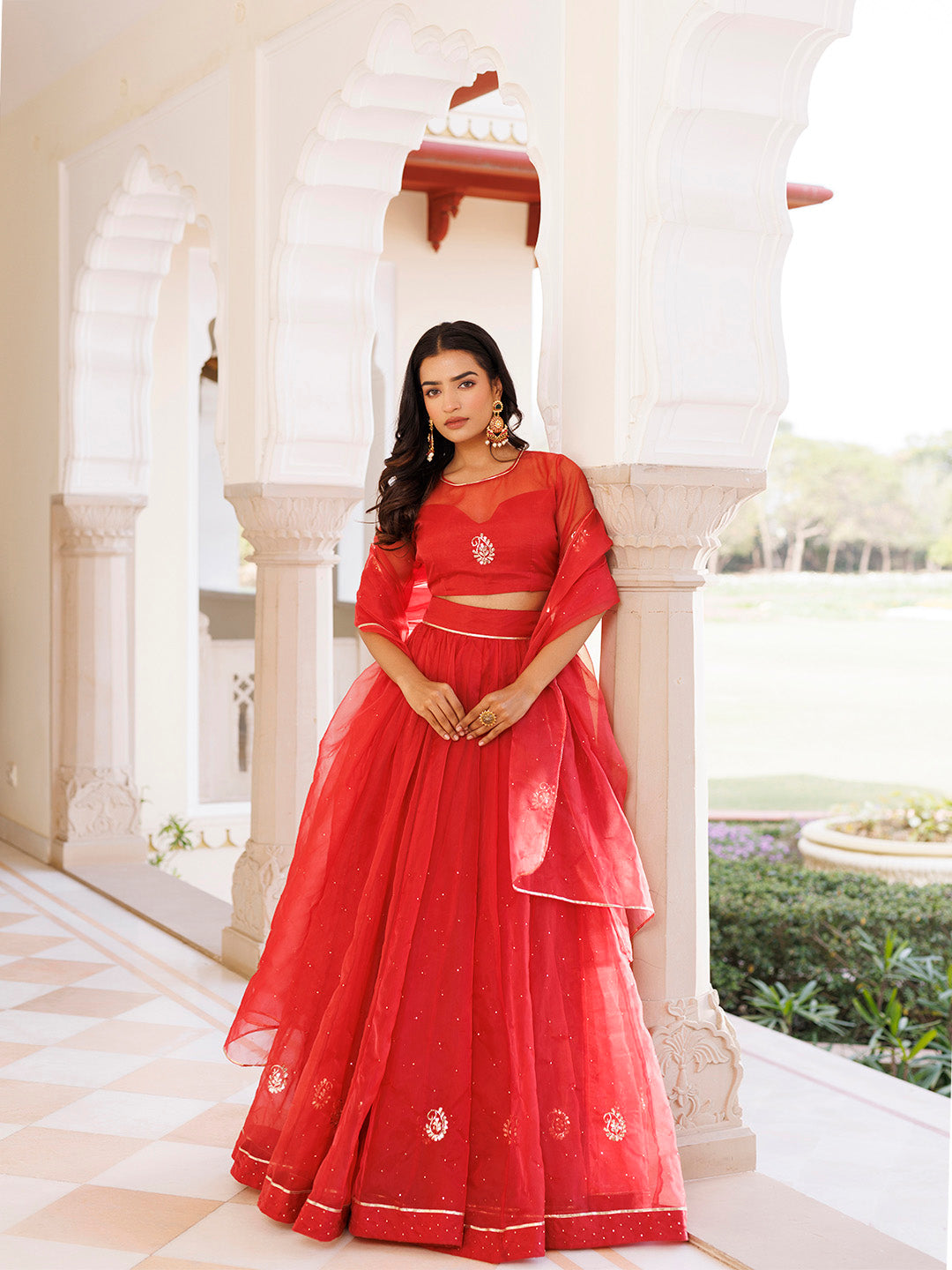 Savvy Red Mukaish Work Lehenga Set BY RAGAVI