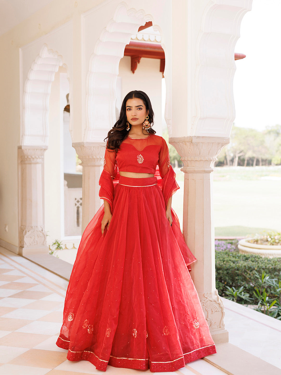 Savvy Red Mukaish Work Lehenga Set BY RAGAVI