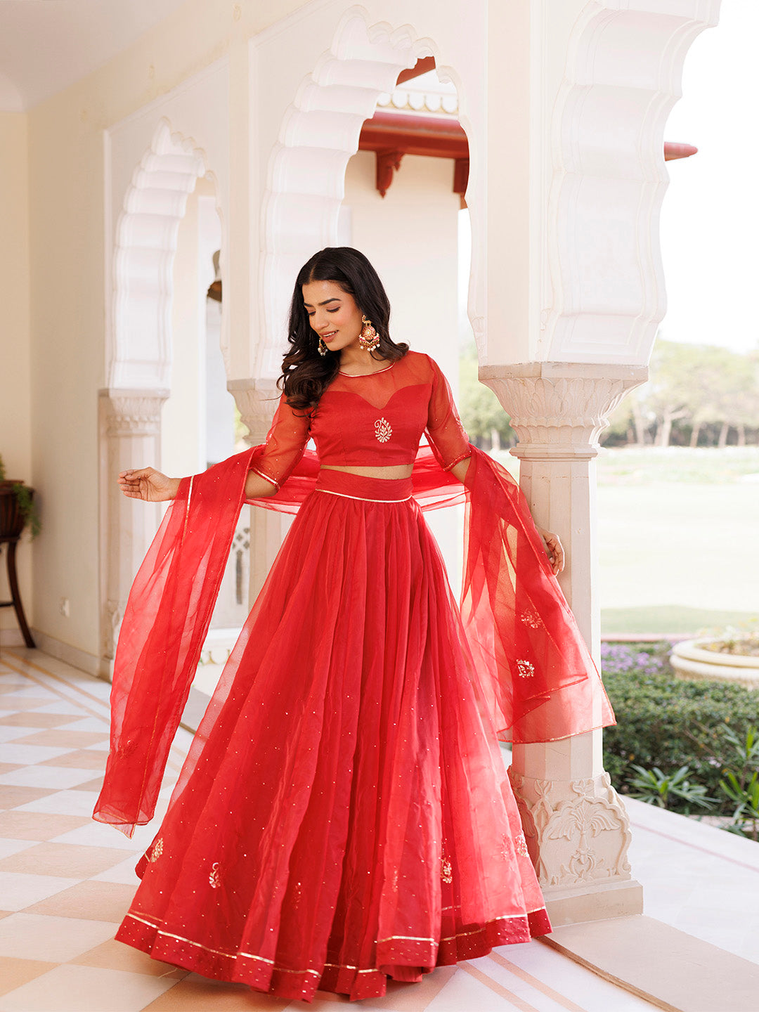 Savvy Red Mukaish Work Lehenga Set BY RAGAVI