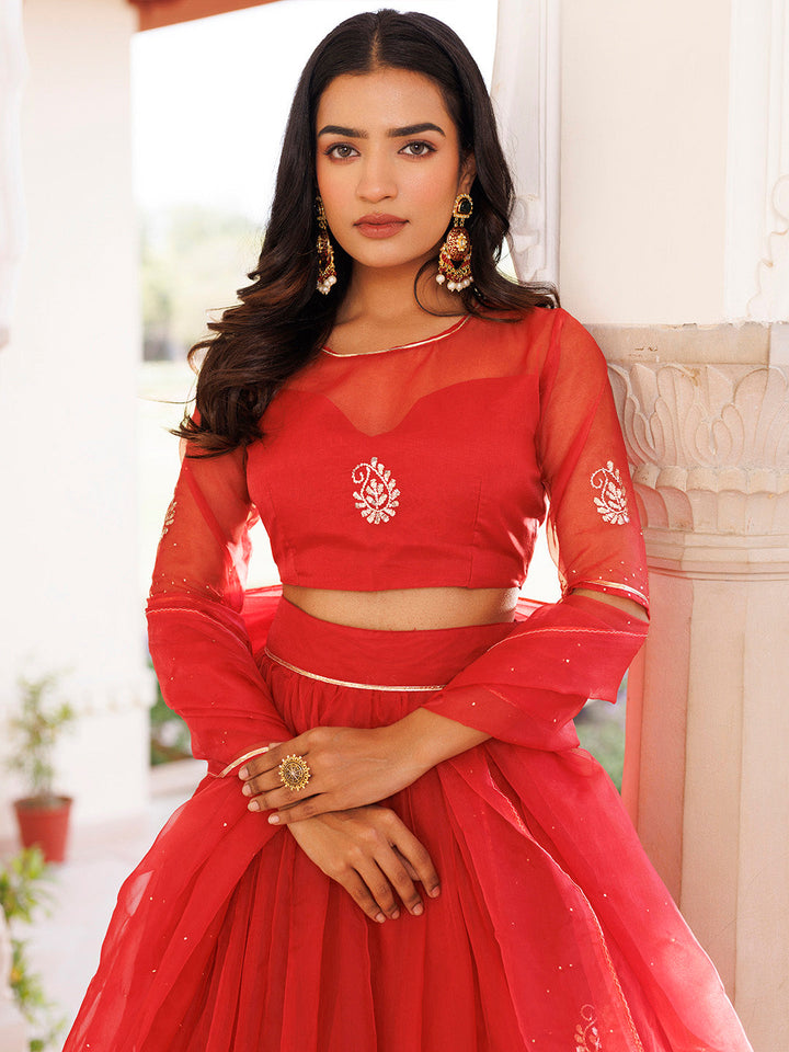 Savvy Red Mukaish Work Lehenga Set BY RAGAVI