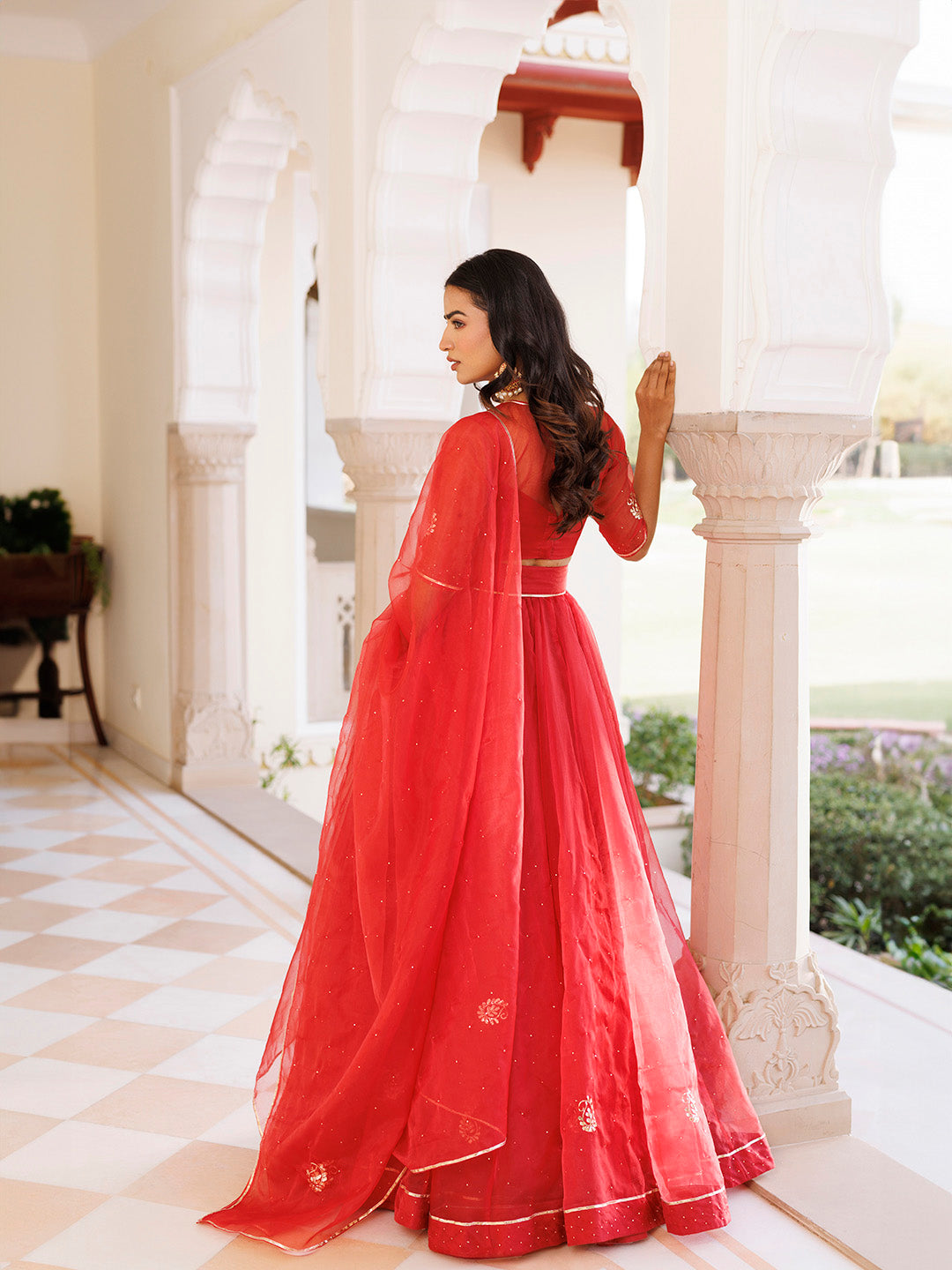 Savvy Red Mukaish Work Lehenga Set BY RAGAVI