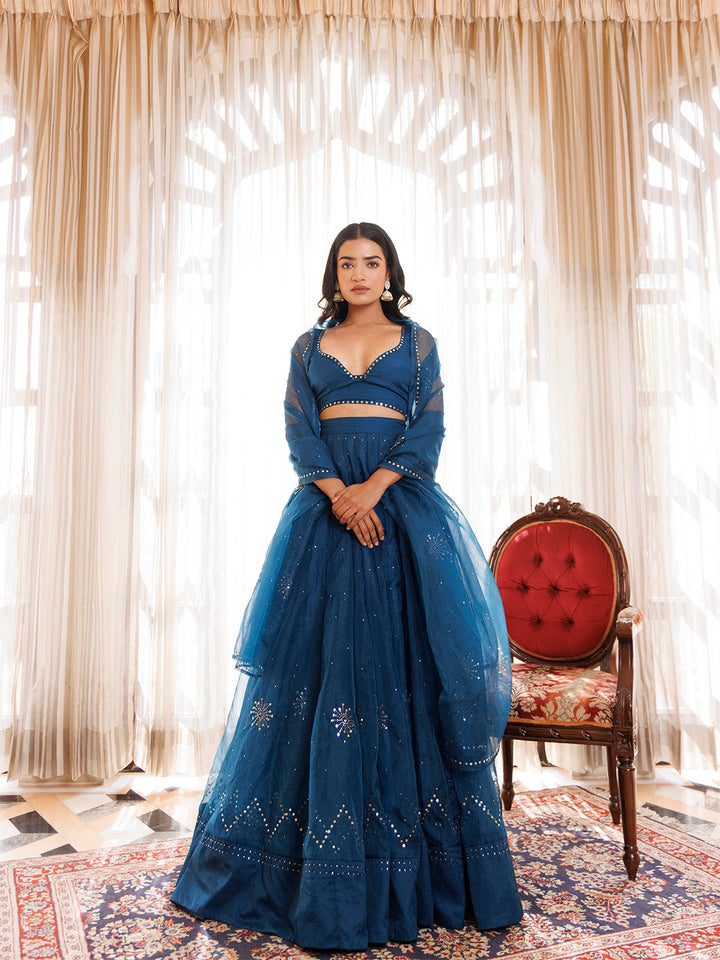 Mosaic Blue Organza Lehenga Set BY RAGAVI