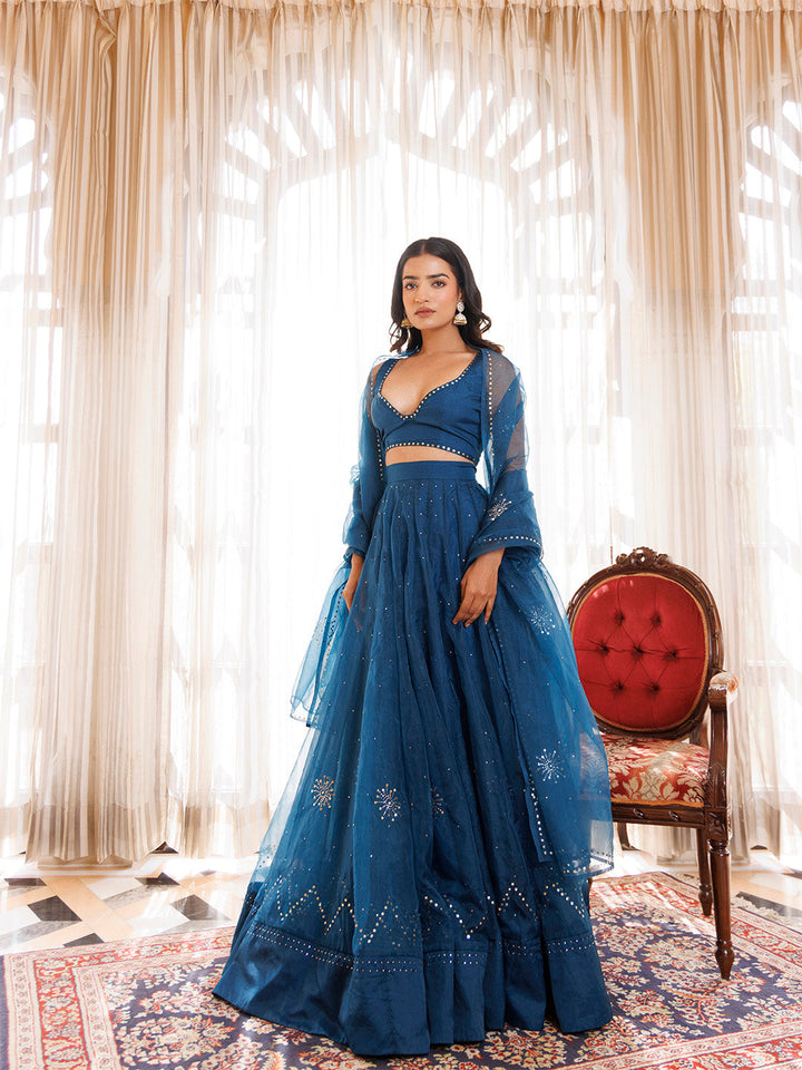 Mosaic Blue Organza Lehenga Set BY RAGAVI