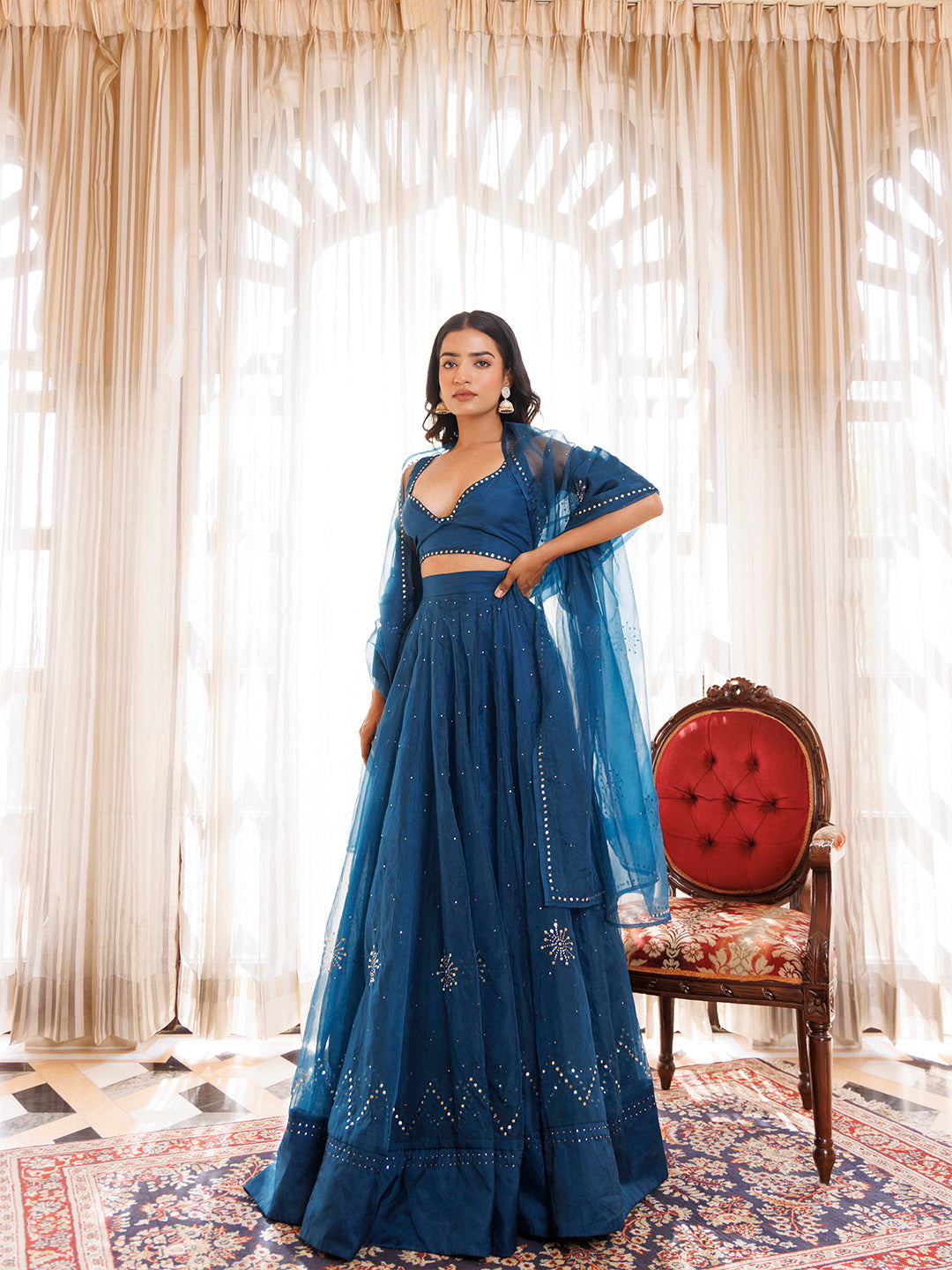 Mosaic Blue Organza Lehenga Set BY RAGAVI