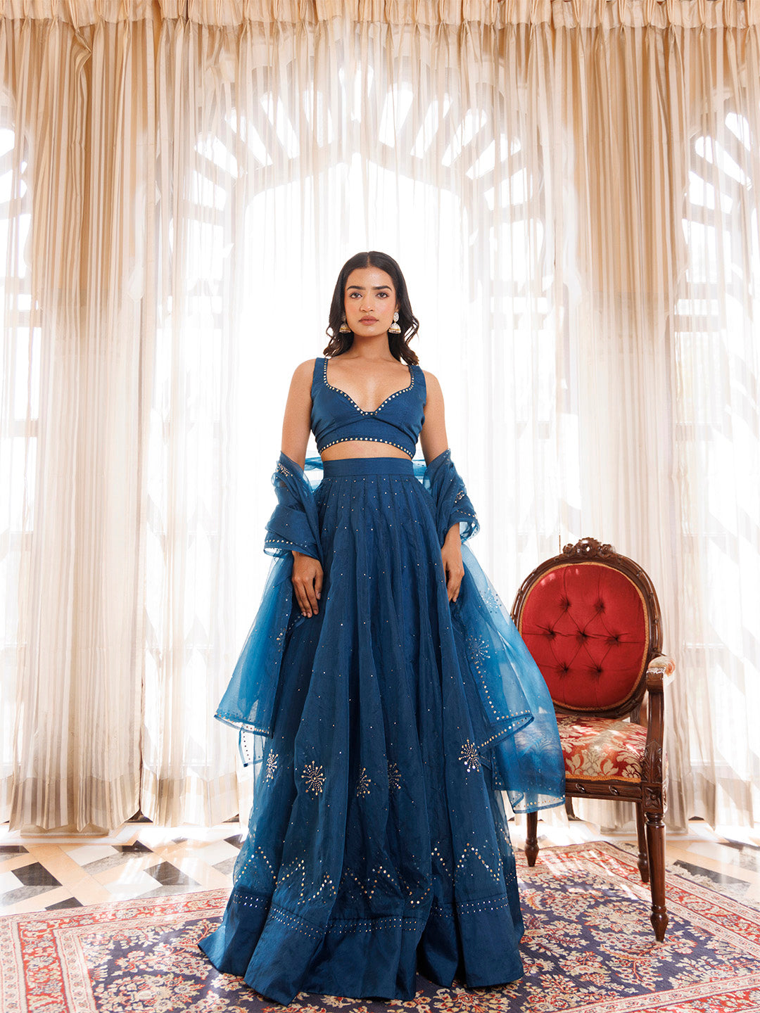 Mosaic Blue Organza Lehenga Set BY RAGAVI