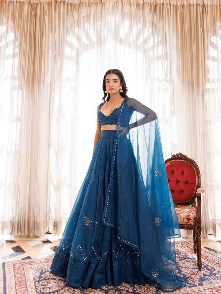 Mosaic Blue Organza Lehenga Set BY RAGAVI