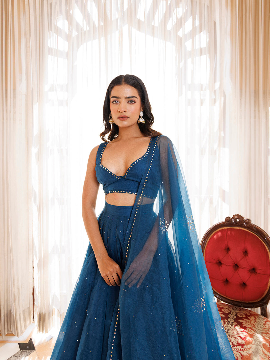 Mosaic Blue Organza Lehenga Set BY RAGAVI