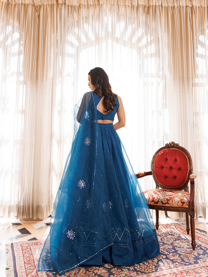 Mosaic Blue Organza Lehenga Set BY RAGAVI