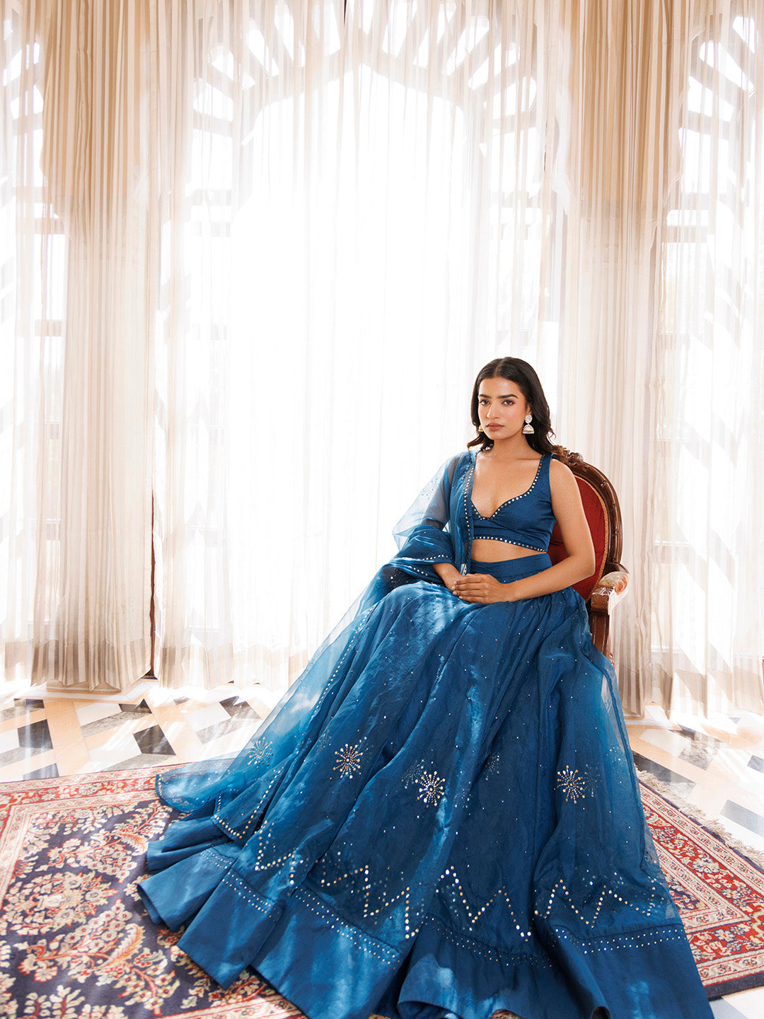 Mosaic Blue Organza Lehenga Set BY RAGAVI