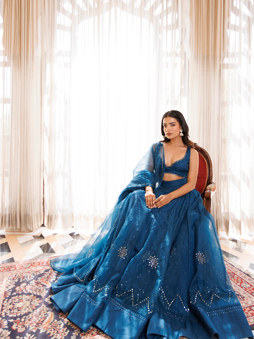 Mosaic Blue Organza Lehenga Set BY RAGAVI