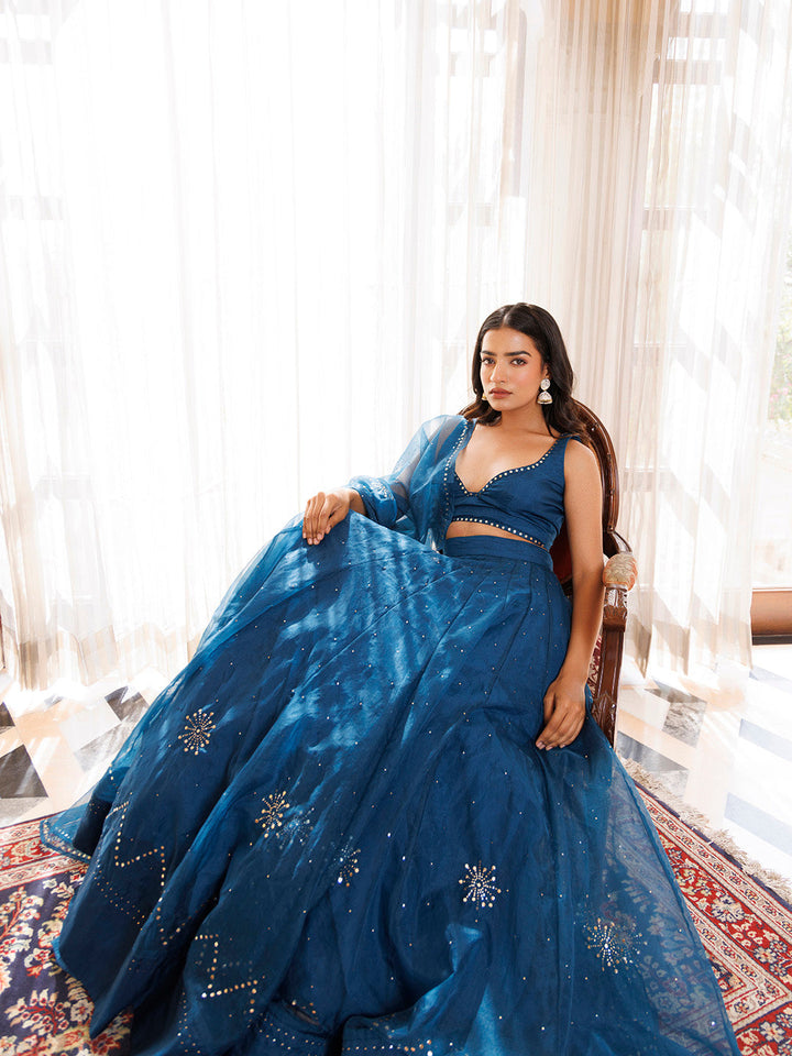 Mosaic Blue Organza Lehenga Set BY RAGAVI