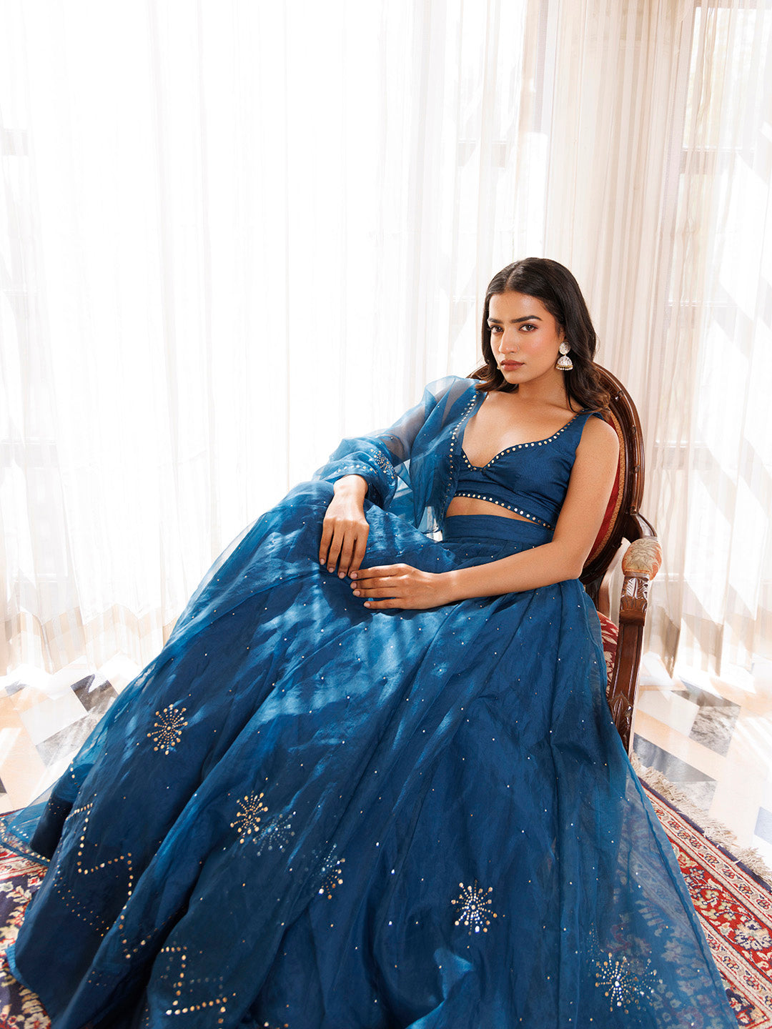 Mosaic Blue Organza Lehenga Set BY RAGAVI