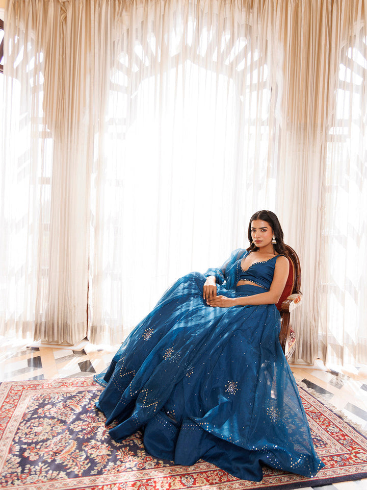 Mosaic Blue Organza Lehenga Set BY RAGAVI