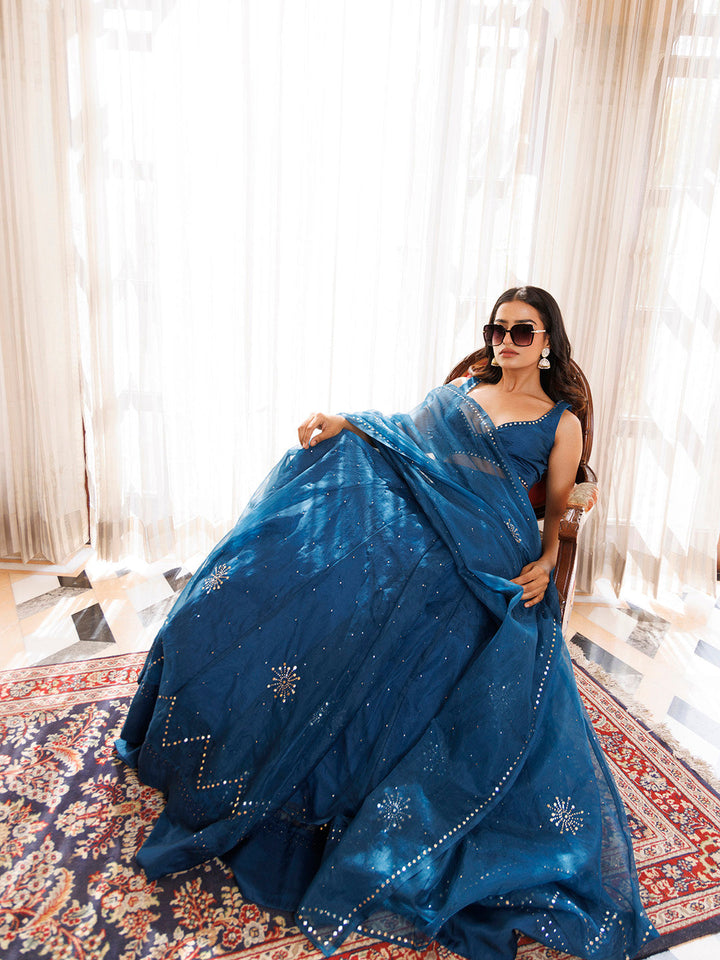 Mosaic Blue Organza Lehenga Set BY RAGAVI