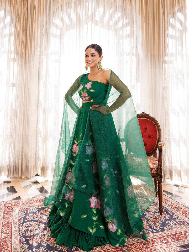 Water Garden Green Brushpainted Cotton Lehenga Set BY RAGAVI