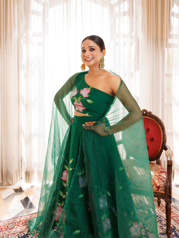 Water Garden Green Brushpainted Cotton Lehenga Set BY RAGAVI