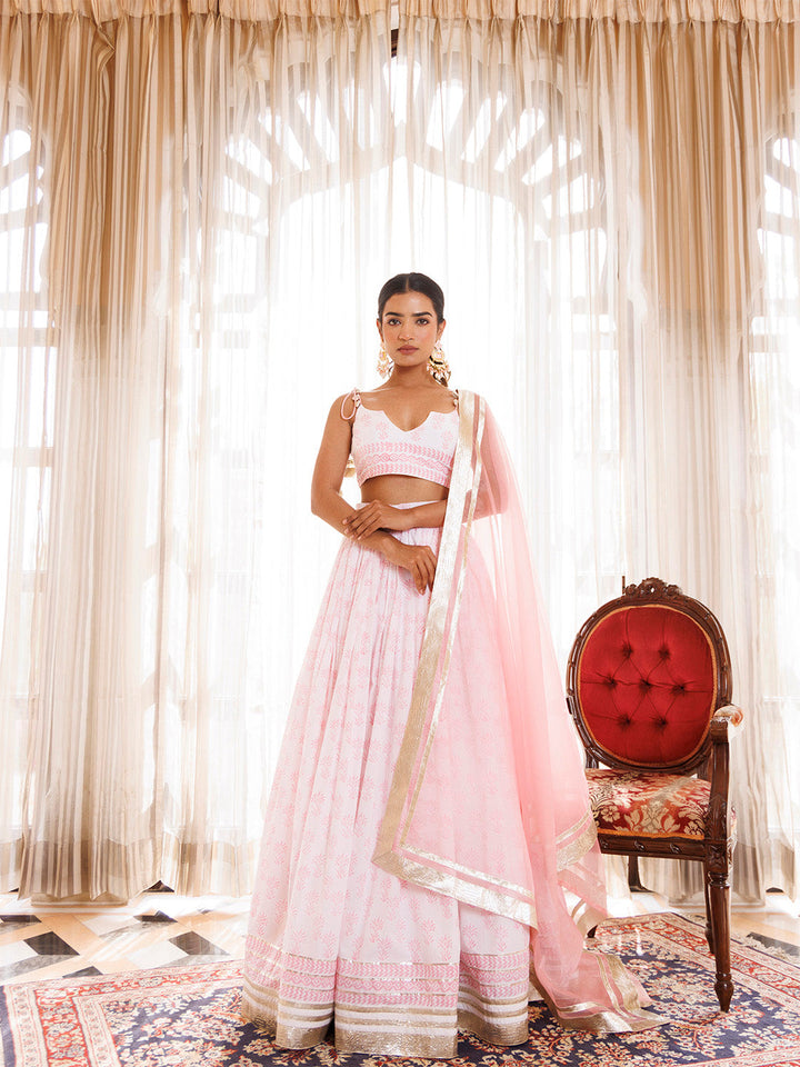 Barely Pink and White Handblock Printed Cotton Lehenga Set BY RAGAVI