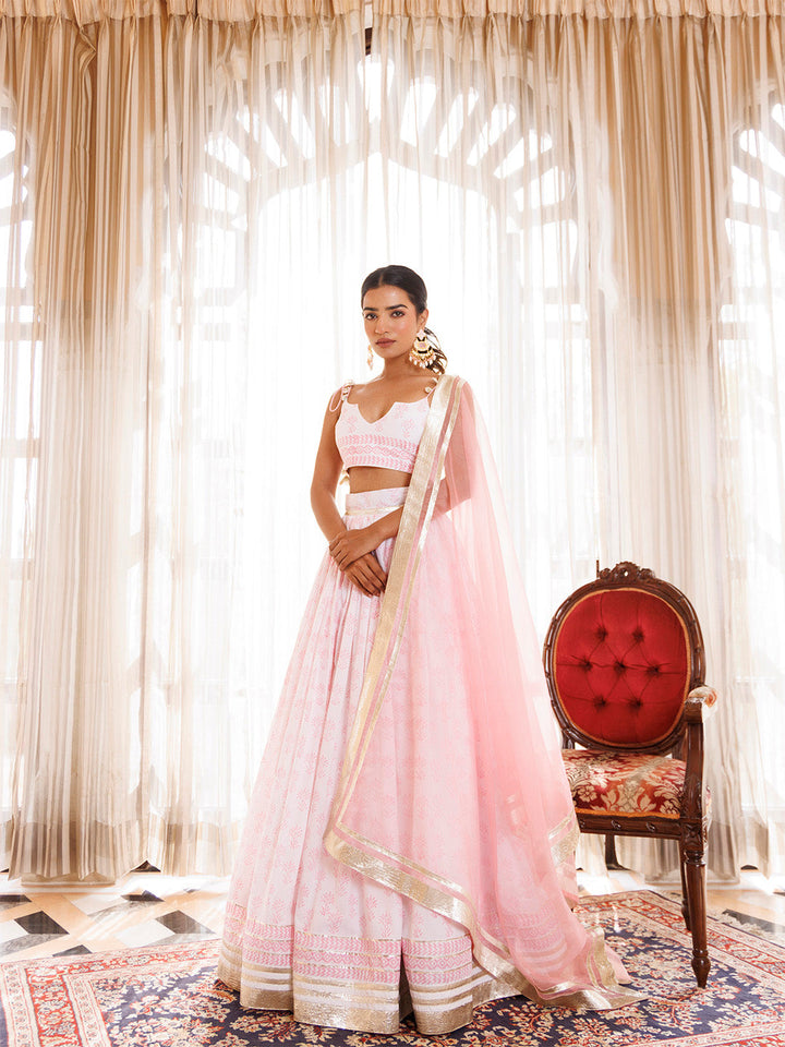 Barely Pink and White Handblock Printed Cotton Lehenga Set BY RAGAVI