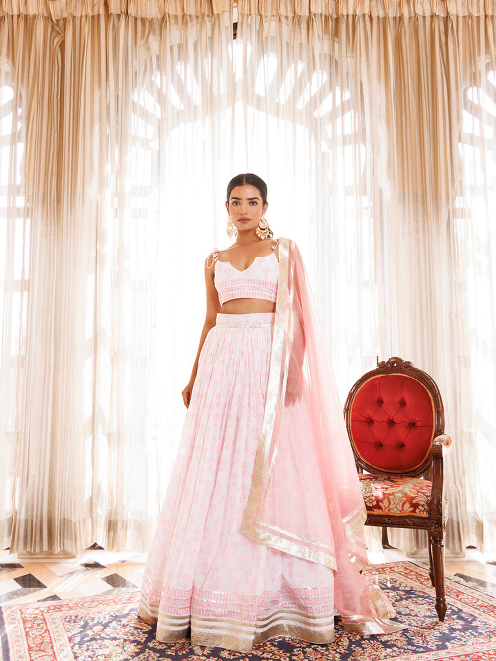 Barely Pink and White Handblock Printed Cotton Lehenga Set BY RAGAVI