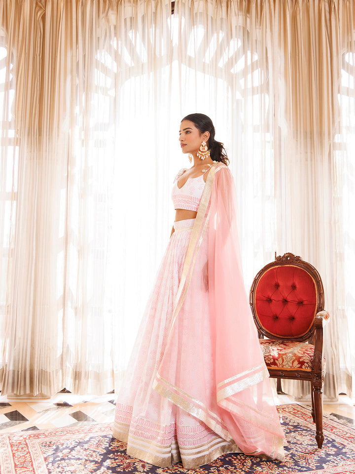 Barely Pink and White Handblock Printed Cotton Lehenga Set BY RAGAVI