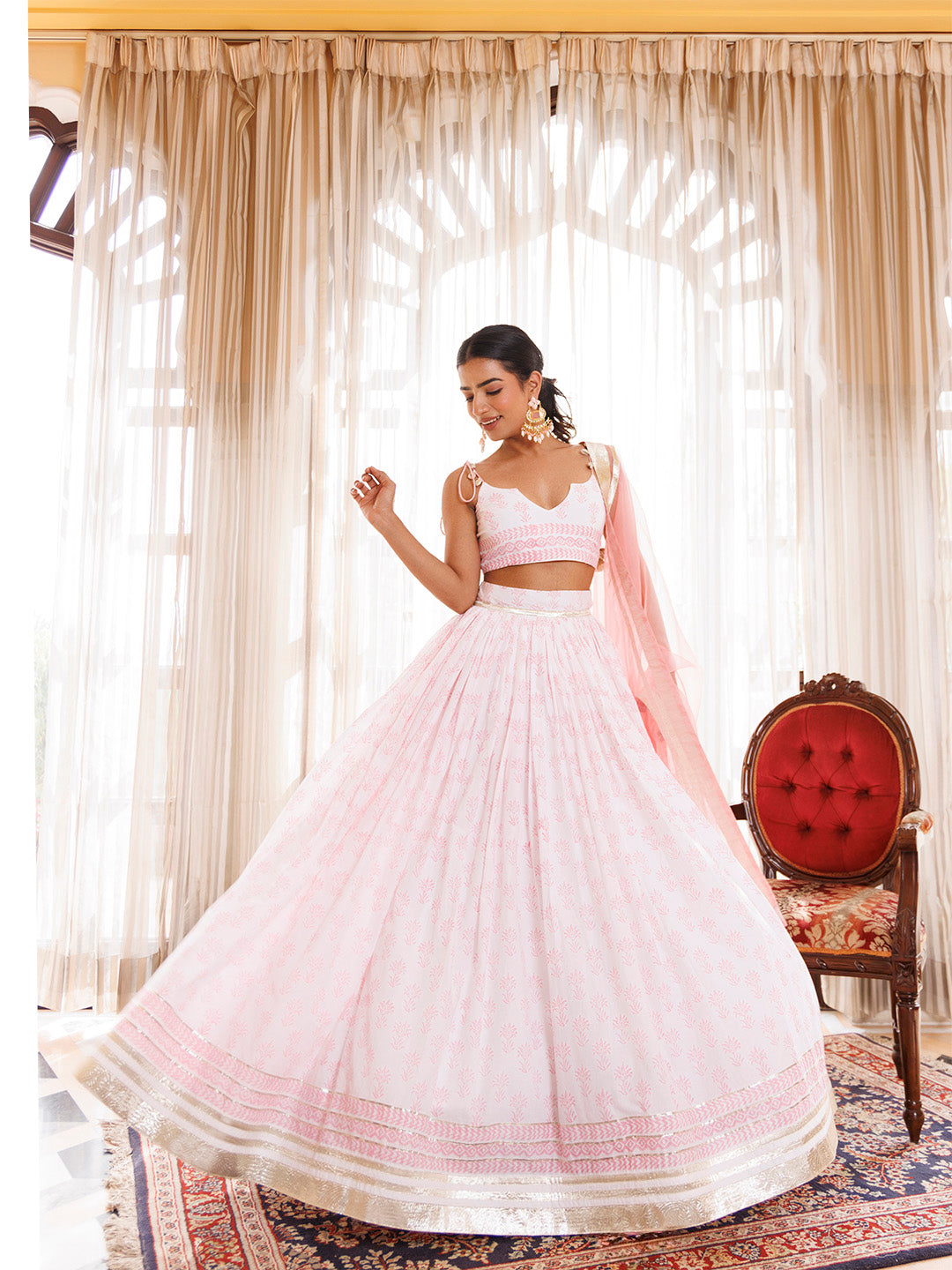 Barely Pink and White Handblock Printed Cotton Lehenga Set BY RAGAVI