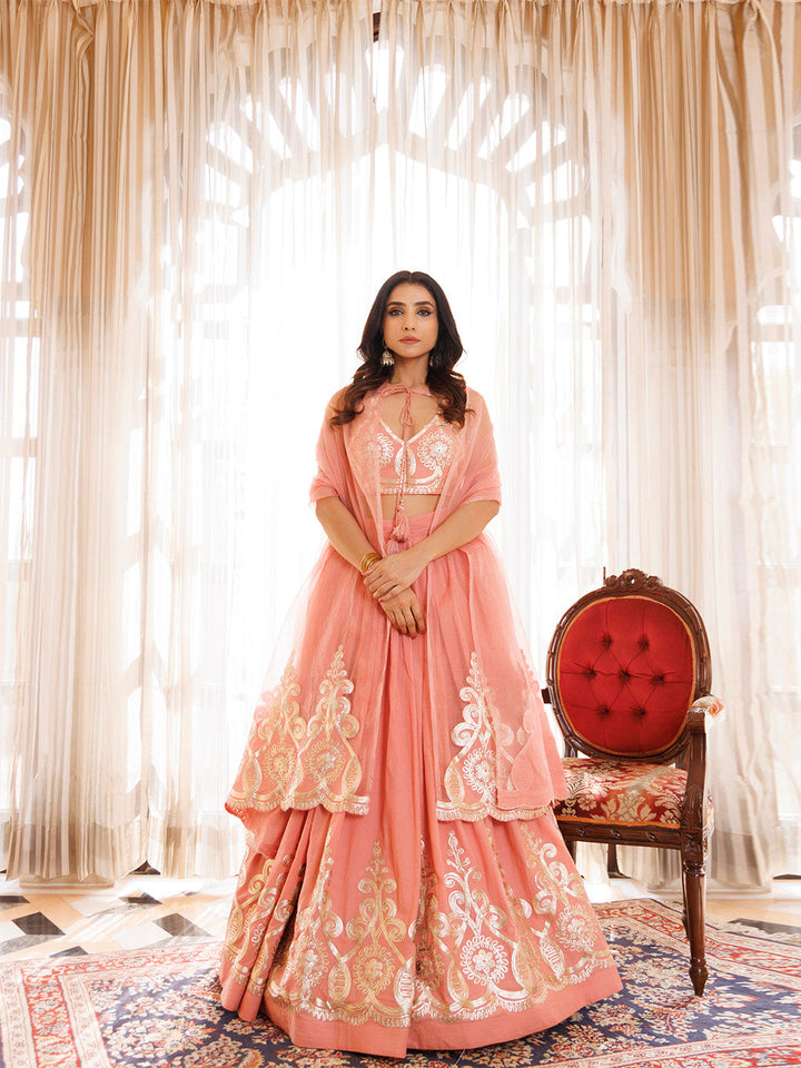 Peony Pink Cotton Embroidered Lehenga Set BY RAGAVI