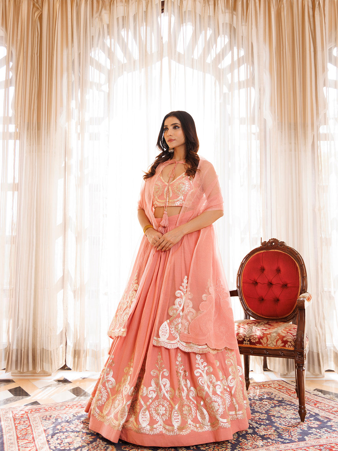 Peony Pink Cotton Embroidered Lehenga Set BY RAGAVI